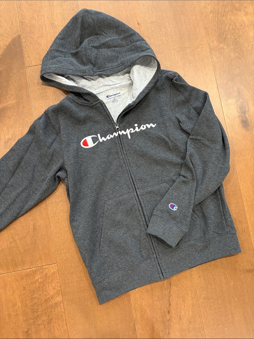 Champion Charcoal Gray Full-Zip Kids Hoodie with Logo